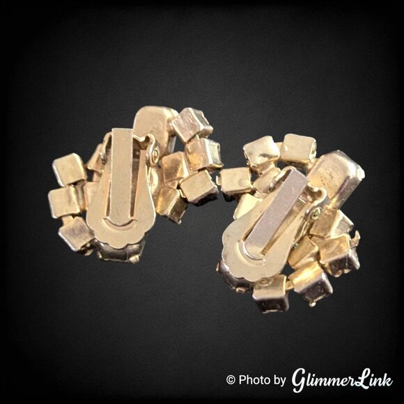 Vintage Mid Century Pink Lavender Rhinestone Gold Tone Climber Clip On Earrings - Picture 6 of 8